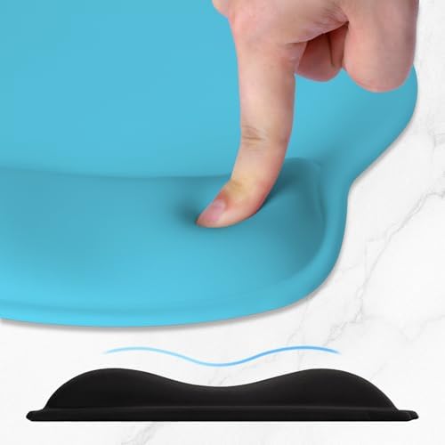 ITNRSIIET Ergonomic Mouse Pad with Wider Memory Foam Wrist Rest +17%, Curved Cushion Reduces Pressure 20%, Pain Relief, Non-Slip, Smooth, Cute Color Desk Accessory, 9.85 x 9 inch, Powder Blue