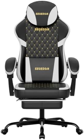Ergonomic Gaming Chair with Footrest & Massage Lumbar Pillow, Height Adjustable 360° Swivel Computer Chair, Linked Armrest & Headrest for Office Gaming (Black White)
