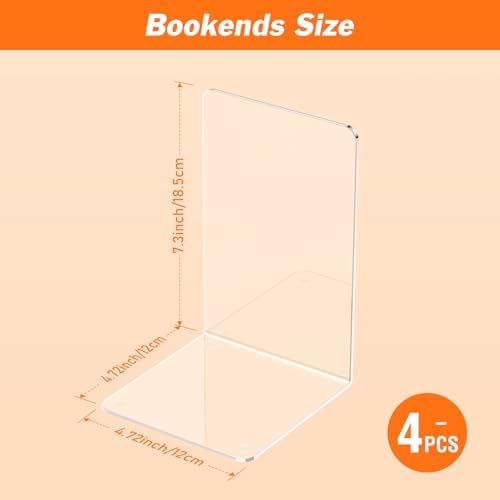 Acrylic Bookends 4 Pcs, Clear Book Ends for Shelves, Bookend Organizer