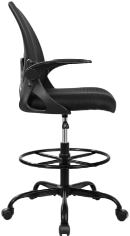 Primy Drafting Chair Tall Office Chair with Flip-up Armrests Executive Ergonomic Computer Standing Desk Chair with Lumbar Support and Adjustable Footrest Ring (Black) (Pack of 2)