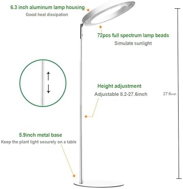 Yadoker 72 LEDs Full Spectrum Plant Grow Light with Base for Indoor Plants，Height Adjustable, 6.3" Aluminum Housing,Automatic Timer with 8/12/16 Hours,10-Level Brightness,White Plant Light,1Pack