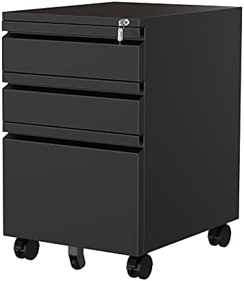 MIIIKO 3 Drawer File Cabinet, Metal Filing Cabinet with Lock Rolling Wheels, Office Storage Under Desk,Deep Drawers for Hanging Legal Letter Fill, Full Assembled Except Casters