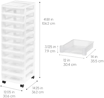 IRIS USA 10-Drawer Rolling Storage Cart, White/Clear