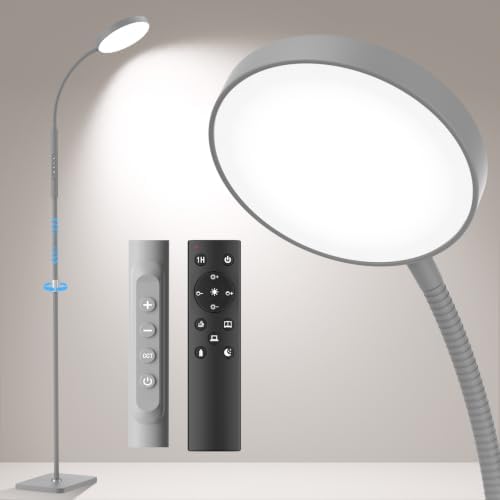 PACOVY Floor Lamp, Adjustable Height Floor Lamps for Living Room Bedroom, 120 LED Super Bright Standing Lamp Remote Control Dimmable Gooseneck Tall Stand Reading Lamp for Office Craft, Matte Gray