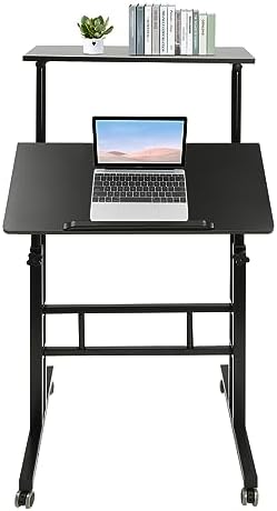 Small Standing Desk, Mobile Rolling Computer Desk, Portable Stand Up Desk with Wheels, Adjustable Height Sit Stand Home Office Desk, 23.6" L x 21.6" W (Black)
