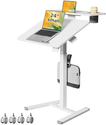 24" Mobile Standing Desk, Tiltable Top with 2-Tier Shelves, White