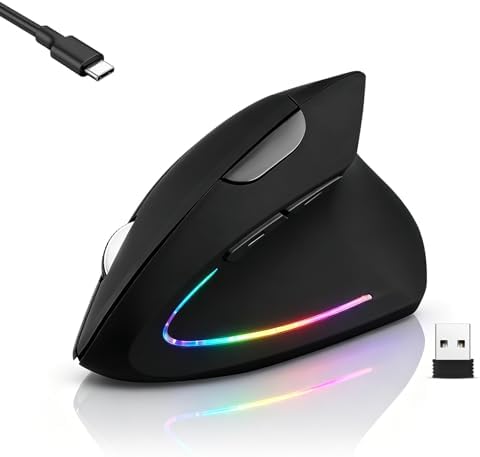 Wireless Bluetooth Ergonomic Vertical Mouse, Rechargeable Silent Slim Laptop Mouse,Portable(BT5.2+USB Receiver) LED Dual Mode Computer Mice,for Laptop,Desktop Computer,ipad Tablet,Phone,TV (Black)