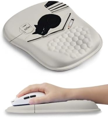Ergonomic Mouse Pad with Cute Black Cat Design, for Carpal Tunnel Pain Relief, 65% Usable Mouse Area, Memory Foam Concave Wrist Rest for Office, PC, Gaming