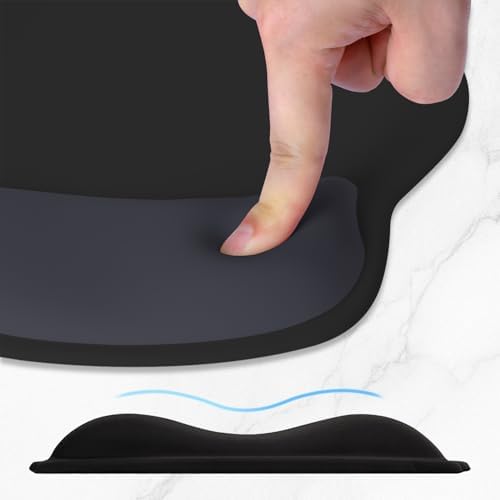 ITNRSIIET Ergonomic Mouse Pad with Wider Memory Foam Wrist Rest +17%, Curved Cushion Reduces Pressure 20%, Pain Relief, Non-Slip, Smooth, Cute Color Desk Accessory, 9.85 x 9 inch, Black Gray