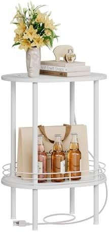Small Oval Side Table with Charging Station, 2-Tier White Round End Table
