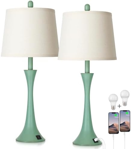 Rinweey Coastal Modern Green Table Lamps Set of 2 for Living Room, 27.5" Tall Bedside Lamp with USB Charging Port,3-Way Dimmable Touch Nightstand Lamp for Bedroom Desk Side Table Office,Green