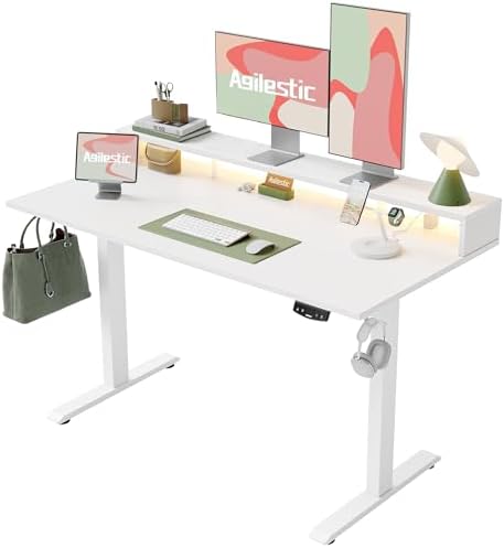 Agilestic 63 * 24 Inch Electric Standing Desk with Shelf & Led, White