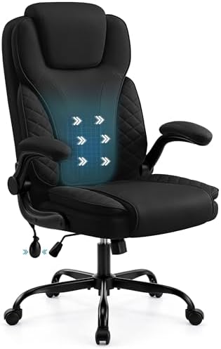 Ergonomic Office Chair, PU Leather High Back Executive Chair with Adjustable Inflatable Lumbar Support and Padded Flip-Up Arms, Recline Swivel Task Computer Chair for Home Office, Black