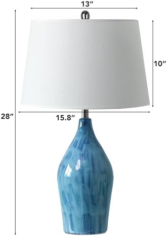 QiMH 28" Ceramic Table Lamp, 3 Color Temperatures Lamp for Bedroom with Memory Function, Nightstand Lamp with Linen Shade, Modern Glaze Bedside Lamp for Living Room, Blue, 2700K LED Bulb Included