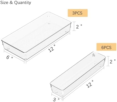 3 Pack Clear Plastic Drawer Organizer Tray Cutlery Utensil Makeups Drawer Silverware Organizers 12" X 6"&12＂X3＂(9Pack)