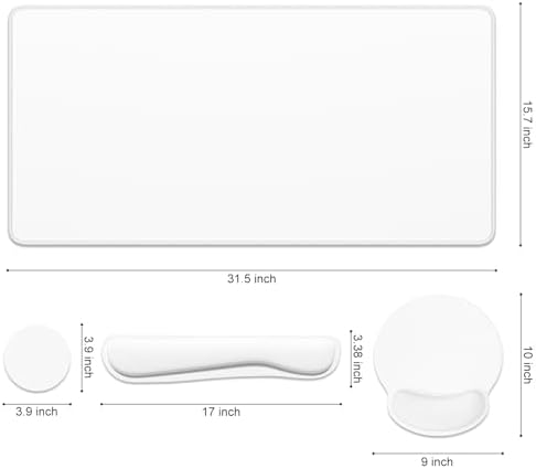 Dapesuom Large Gaming Mouse Pad, White Mouse Pads with Wrist Rest Wrist Support, 4in1 Big XXL Desk Mat Desk Pad + Ergonomic Mousepad + Memory Foam Keyboard Mat Wrist Rest + Coaster Set for Computer