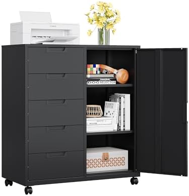MIIIKO 5 Drawer Storage Cabinet with Door and Shelf, Mobile Lateral Cabinet on Wheels, Office Small Organizer Printer Stand, Black File Cabinets