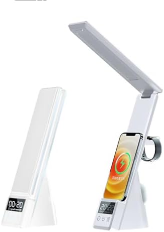 IHAO 6in1 Multifunctional Foldable LED Table Lamp with Wireless Charger Digital Alarm Clock Eye-Care Lighting 3 Color Modes 15W Qi Charger for Phone/Headphones, iWatch Charger Compatible-N61 White