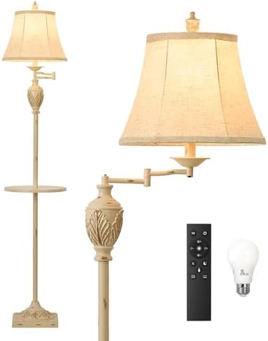 Traditional Floor Lamp with Tray, Remote Dimmable, 350° Swing Arm and White