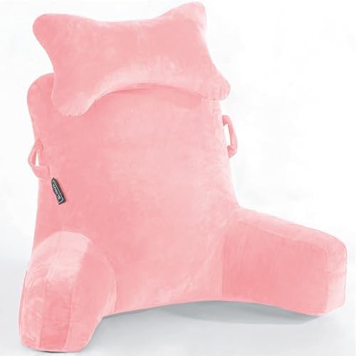 Reading Pillow-Extra Large 31" Bed Rest Pillow with Detachable Neck Roll & Arms for Sitting in Bed or Couch-Backrest Reading Pillow Adult Back Pillows for Reading/Watching TV/Gaming/Relaxing-Pink