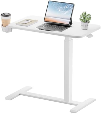GTPLAYER Small Standing Desk with Hidden Wheels, Pneumatic Mobile Rolling Laptop Desk, Adjustable Height Overbed Bedside Table Computer Workstation for Home Office (28" W x 16" D, White)