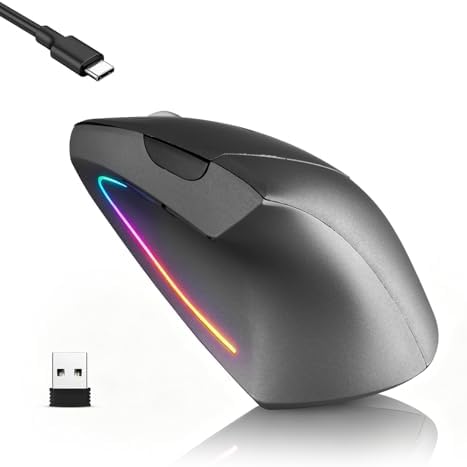 Wireless Bluetooth Ergonomic Vertical Mouse, Rechargeable Silent Slim Laptop Mouse,Portable(BT5.2+USB Receiver) LED Dual Mode Computer Mice,for Laptop,Desktop Computer,ipad Tablet,Phone,TV (Grey）