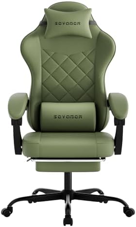 Gaming Chair with Footrest, Ergonomic Leather Computer Chair with Lumbar Support, Height Adjustable High Back Swivel Office Chair for Adults, Gamer Chair for Gaming, Working,Green
