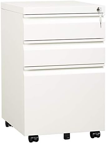 DEVAISE 3 Drawer Mobile File Cabinet with Lock, Under Desk Metal Filing Cabinet for Home Office/Legal/Letter/A4 File, Fully Assembled Except Wheels, White