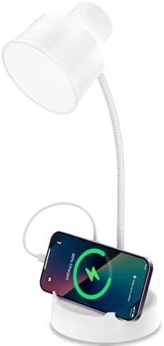 Energetic LED Desk Lamp with Phone Holder, Table Lamp with AC Outlet, Adjustable Flexible Gooseneck, 4000K, Eye-Care Reading Light for Bedroom, Study, Computer Desk, Living Room, Home Office, White