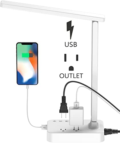 Drevet LED Desk Lamp, Desk Light with 1 USB Charging Port and 2 AC Power Outlet, 3 Lighting Modes, 3 Level Brightness,1H Timer, Touch Control, Eye-Caring Home Office Foldable Table Lamp (White)