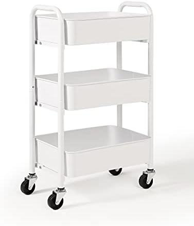 SunnyPoint 3-Tier Delicate Compact Rolling Metal Storage Organizer - Mobile Utility Cart Kitchen/Under Desk Cart with Caster Wheels - WHT (15.35" X 10.24" X 26.8"H)