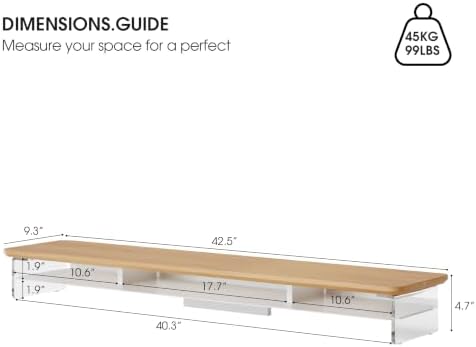 Fenge 42.5" Dual Monitor Stand with Clear Acrylic Legs, Dark Oak