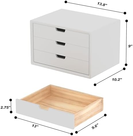 LitaEther Desk Organizer with 3 Drawers, ALEX Drawer Unit, Chic White Wood Cosmetic Makeup Organizer for Office Vanity Tabletop Storage 13.8"X 9"X10.2"