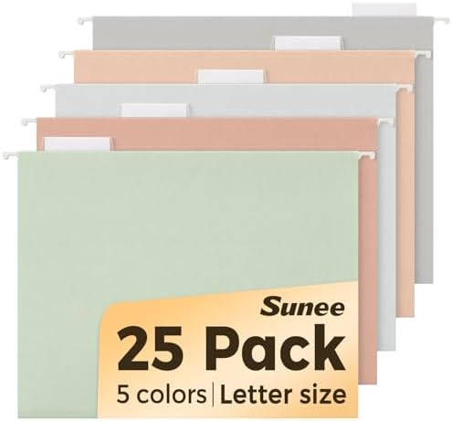 SUNEE 25 Count Hanging File Folders, Pastel Colors, Hanging File Folders Letter Size, Hanging Folders with 1/5-cut Tabs, Designed for Bulky Files, Filing Cabinets, Medical Charts
