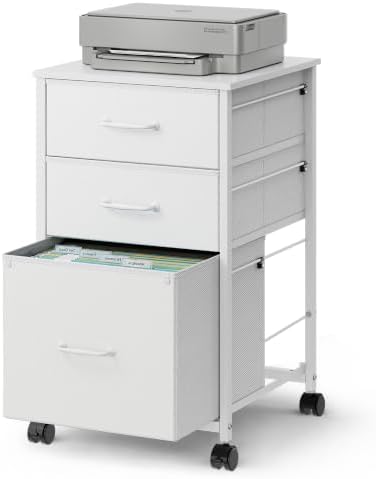 DEVAISE Mobile File Cabinet, Rolling Printer Stand with 3 Drawers, Fabric Vertical Filing Cabinet fits A4 or Letter Size for Home Office, White