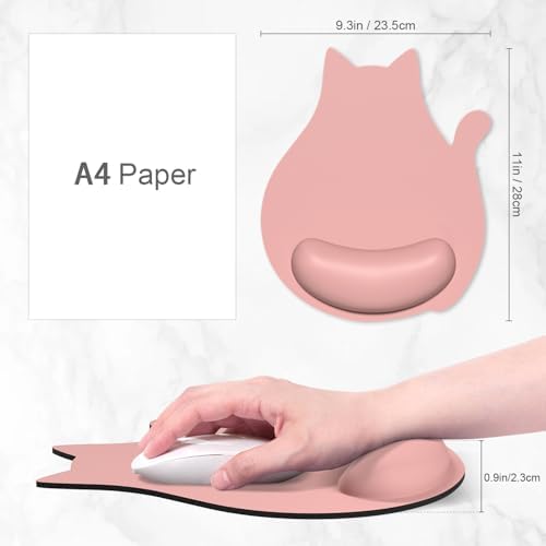 Ergonomic Mouse Pad with Wrist Rest, Cute Cat Memory Foam Padded Pain Relief Non-Slip Wrist Support Mouse Mat for Gaming Work Computer Laptop, Funny Office Supplies Desk Accessory, Rose Pink