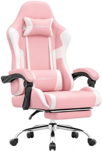 Dowinx Ergonomic Gaming Chair with Footrest & Massage Lumbar, 2D-Linkage Armrests for Computer Chair 330lbs with Headrest Pillow for Office, Home, Streaming and Long Gaming Sessions, Bright Pink