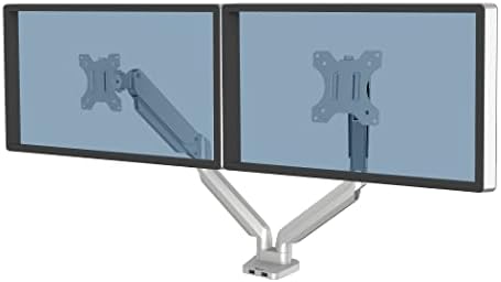 Fellowes Platinum Series Dual Monitor Arm for 40-Inch Monitors, Full Motion, 360° Rotation, VESA Mount with Grommet or Clamp, USB Ports, Ergonomic, Silver, 8056501