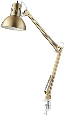 Globe Electric 62000010 32" Multi-Joint Desk Lamp with Metal Clamp,Matte Brass,White Accents,On/Off Rotary Switch on Shade,Partially Adjustable Swing Arm,Home Décor,Office Accessory, Clamp (Pack of 6)