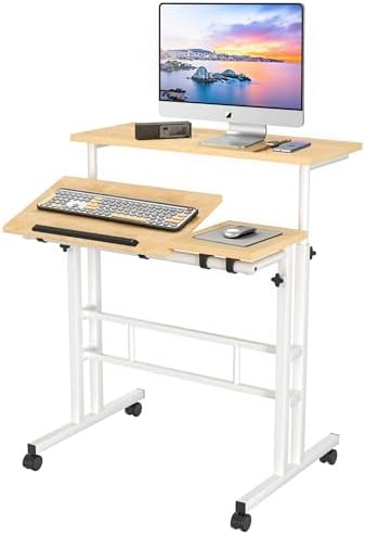 VECELO Mobile Small Standing Desk Adjustable Height, Computer Workstations with Tiltable Tabletop, Lockable Wheels, Portable Rolling Laptop Desk for Home Office, Oak