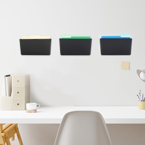 EASEPRES 3 Pack Black Plastic Single Pocket Hanging File Organizer, Wall Mount Paper Mails Magazines Holder, Mounted Folder Bins for Office School and Home, 12.99x4.13x7.48 inches
