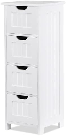 Bathroom Floor Storage Cabinet, Freestanding Wooden Side Organizer w/4 Drawers & Anti-Tip Kit for Bathroom Living Room Hallway Office Study, White