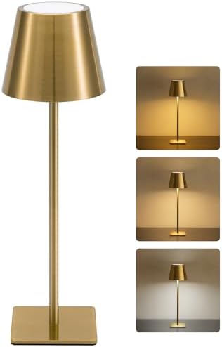 UME Cordless Table Lamp, Battery Operated Lamp - Portable Waterproof Rechargeable Table Lamp w/ 3 Color Temps & Stepless Dimming for Dinner, Desk, Cafe, Outdoor (Brushed Gold)