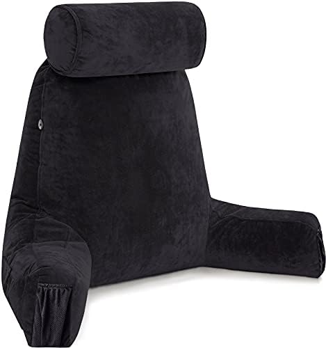 Husband Pillow Medium Reading Pillow with Arms - 23" Backrest for Sitting Up in Bed - Firm Support Bed Rest Pillow for Adults, Neck Roll, Removable Cover - TV, Reading, Lounging - Black