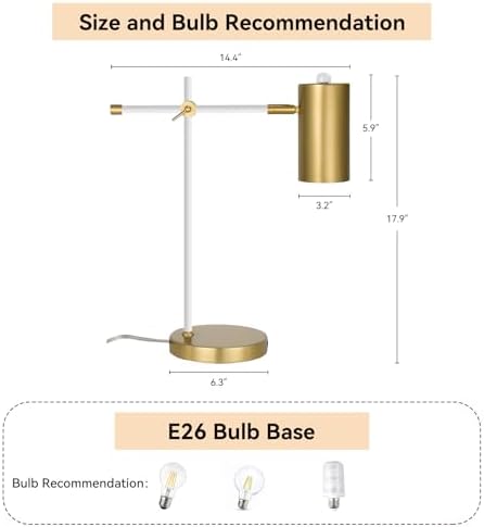 Modern White and Gold Desk Lamp with Type C Charging Port, Minimalist Industrial Table Lamp with Swing Arm, for Study Room Home Office Bedroom Bedside Nightstand