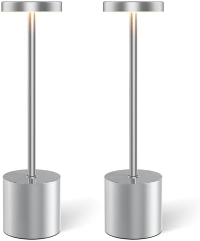 AUDLES Silver Rechargeable Table Lamps 2 Pack, Cordless Battery Operated LED Desk Lamp with Touch Control, 3 Color Temperatures, Dimmable Portable Lamps for Bedroom, Dining Room, Patio, Restaurant