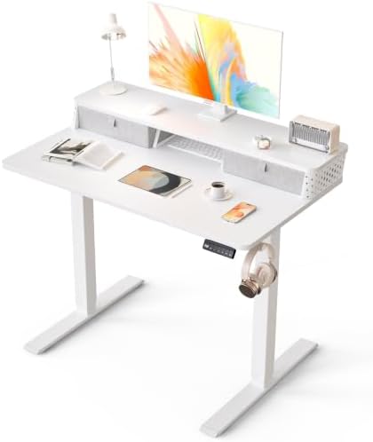 Kingant 40x24 Inch Electric Standing Desk with Dual Drawers, White