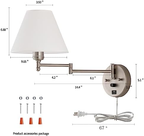 Swing Arm Wall Sconces, Plug-in Wall lamp,Bedroom Wall lamp ， White Fabric Shade，，with dimmable Switch and USB Charging Port, Suitable for Bedside, Living Room, Reading (Nickel)
