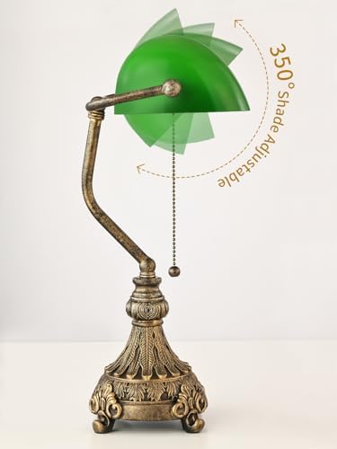 Vintage Green Glass Bankers Desk Lamp, LED Bulb Included