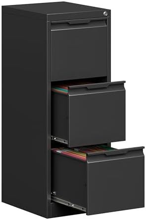 3 Drawer File Cabinet with Lock,Vertical Filing Cabinets for Home Office,Heavy Duty Metal File Cabinet for Hanging A4/Letter/Legal Size File,Vertical File Cabinet 15" W X 17.8" D X 38.3" H-Black